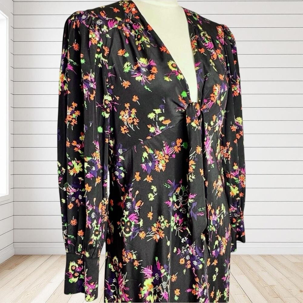 Veronica Beard Dress AMBER Silk Midi Long Sleeve Tie Front Floral Flowers SZ 12 - Picture 5 of 11